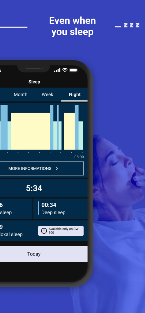 Decathlon Connect - Pantalla de la aplicación Decathlon Connect que muestra datos de seguimiento del sueño con gráfico de duración del sueño profundo y calidad