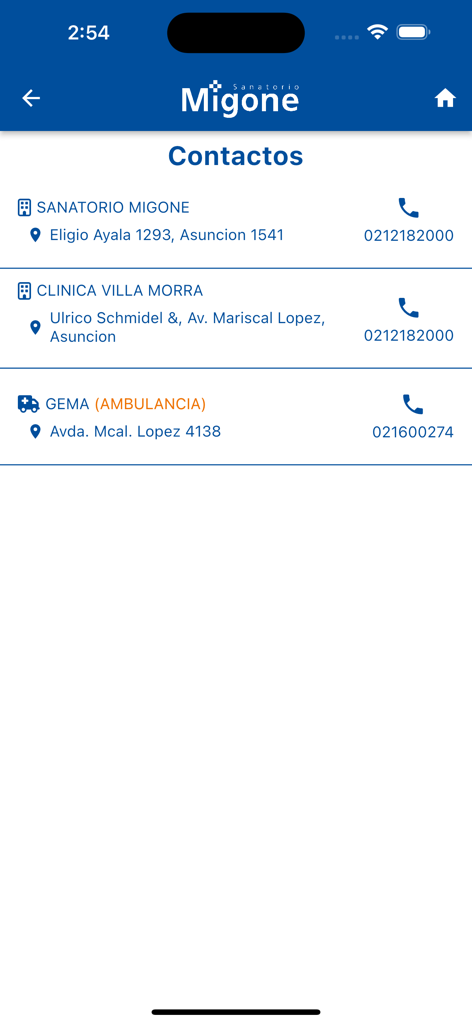 Sanatorio Migone - 주소와 전화번호가 있는 의료 시설 연락처 목록을 보여주는 Sanatorio Migone 앱의 스크린샷.