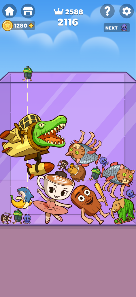 Brainrot Merge: Drop Puzzle - Gameplay screenshot of Brainrot Merge Drop Puzzle showing surreal internet meme characters being dropped into a container