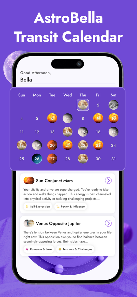 AstroBella Astrology Horoscope - AstroBellaアプリインターフェース、太陽と火星の合、金星と木星の不一致のトランジットの詳細な説明を含む月間トランジットカレンダーを表示