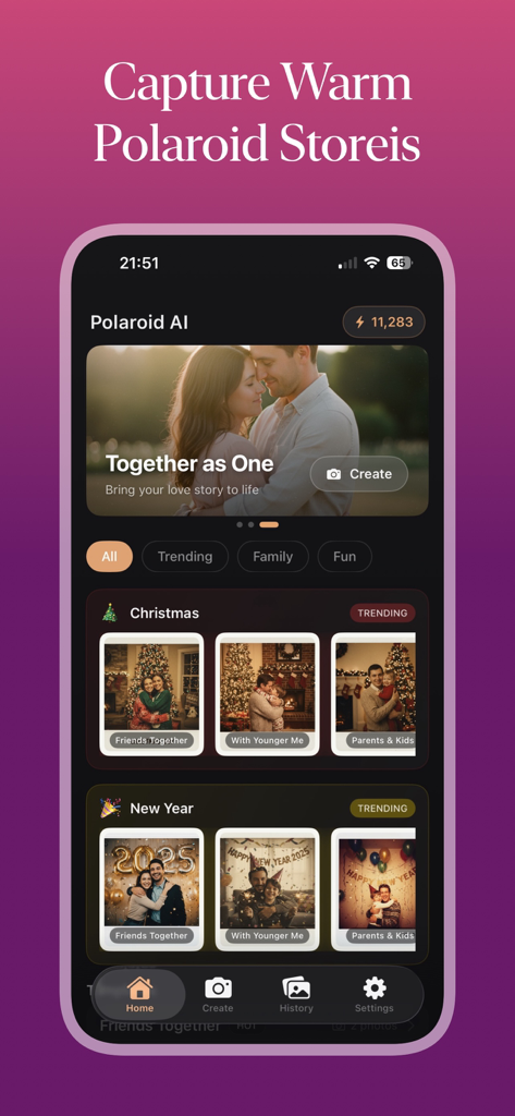 Polaroid AI  Photo Generator - Polaroid AI app interface displaying vintage photo templates for Christmas and New Year celebrations