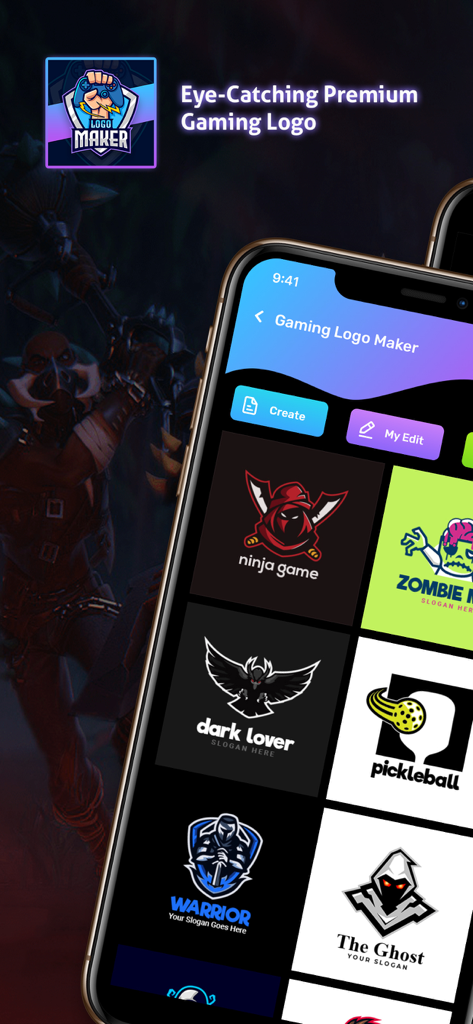 Logo Maker Esport Gaming Logo - Bildschirm einer mobilen App, der eine Auswahl von Esport-Maskottchen-Logo-Vorlagen zeigt.