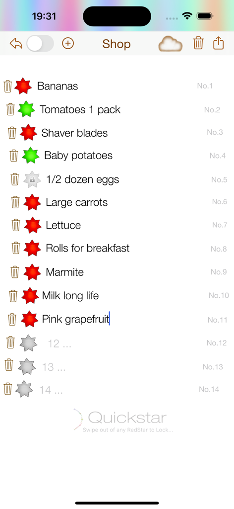 QuickStar - QuickStar app interface showing a grocery shopping list with red and green completion stars