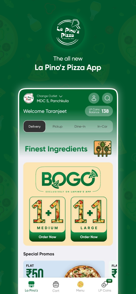 La Pino'z - Order Pizza Online - Écran d'accueil de l'application de pizza La Pino'z montrant les offres BOGO et le solde des récompenses