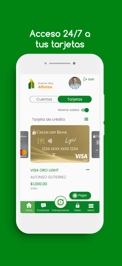 Credicorp Bank Mobile app dashboard showing a Visa Gold credit card and balance information