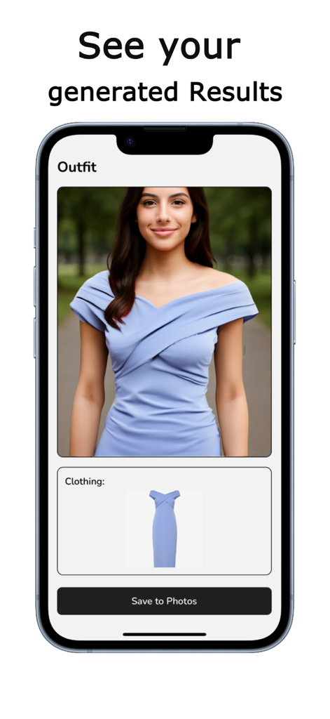FashionTry: Virtual Try-On - Imagen generada por IA de una mujer probándose virtualmente un vestido azul en la aplicación FashionTry