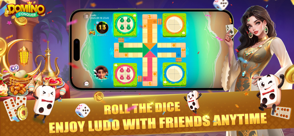Conquer Domino - A smartphone screen displaying a Ludo board game match in the Conquer Domino app surrounded by festive decorations and characters