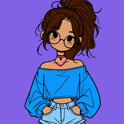 girl with a messy ponytail glasses a baggy crop top and jean shorts