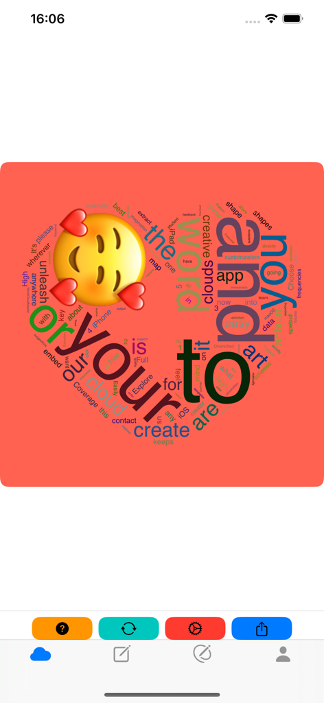 WordCloudMaster 앱에서 만들어진 하트 모양의 워드 클라우드와 웃는 하트 이모티콘