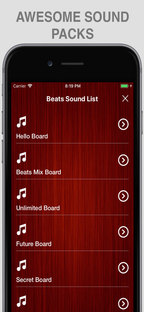 Easy Beats Maker & Music Drum - Interface of Easy Beats Maker showing a variety of sound packs for hip hop and trap music production