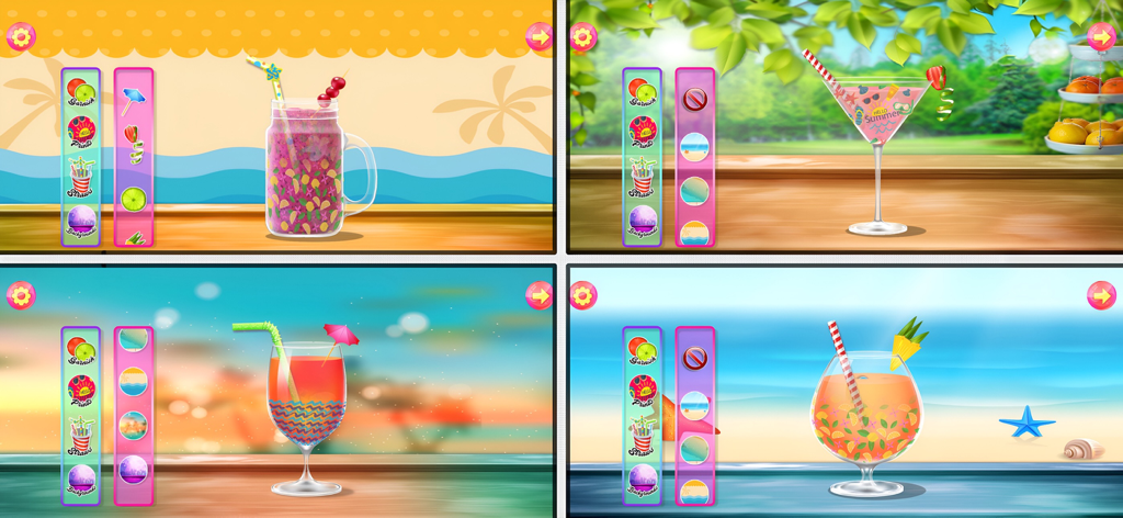 Juice Maker - Summer Drinks - Four screenshots of Juice Maker Summer Drinks showing various decorated juices and backgrounds