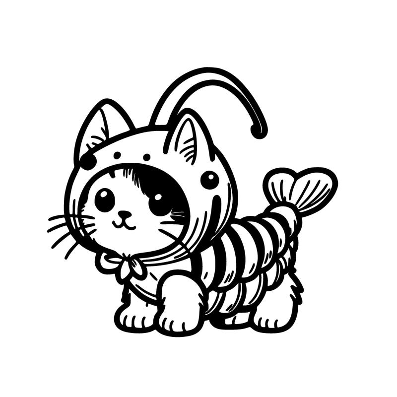 a kitten wearing a ￼shrimp costume