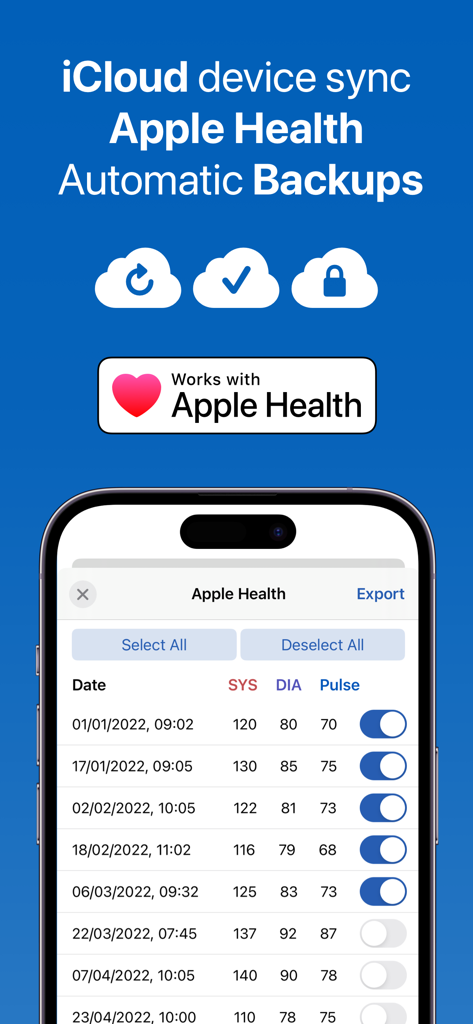 Blood pressure app interface showing Apple Health integration and iCloud data sync features