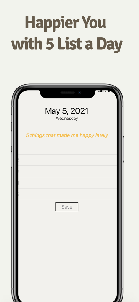Life in Five: 5 min Journal - Interfaz de la aplicación Life in Five mostrando una pista diaria para enumerar cinco cosas que me hicieron feliz últimamente