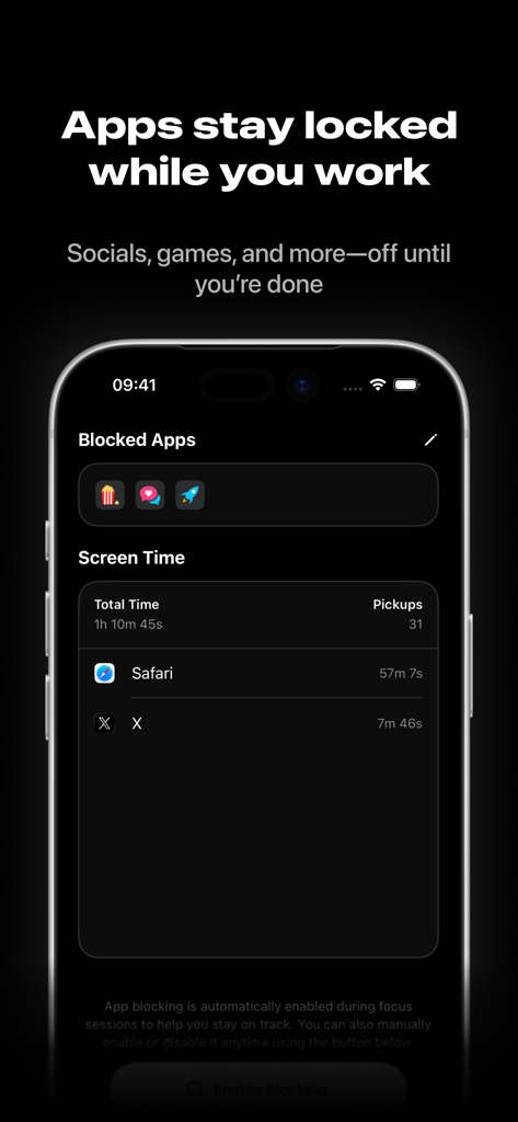 Lock In: Focus Timer & Blocker - Interfaz de la aplicación Lock In que muestra aplicaciones de redes sociales bloqueadas y estadísticas diarias de tiempo de pantalla en modo oscuro.