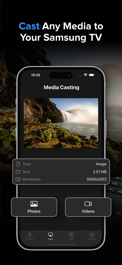 Control Samsung Smart TV - Recurso de transmissão de mídia no aplicativo de controle remoto Samsung Smart TV mostrando opções de fotos e vídeos.