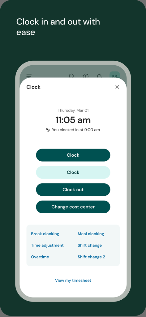 Schermata dell'app mobile UKG Ready per la timbratura in entrata e in uscita dei dipendenti