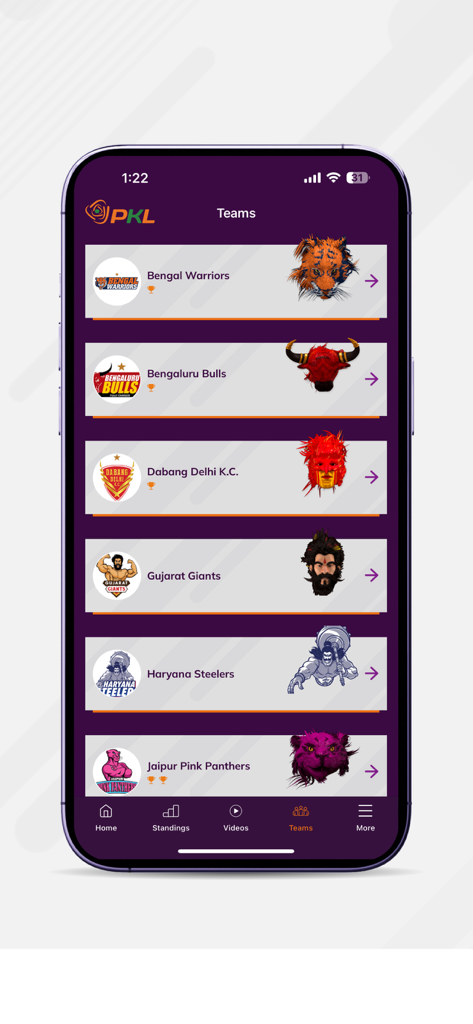 Pro Kabaddi Official App - Pro Kabaddi Official App screen showing a list of league teams including Bengal Warriors and Bengaluru Bulls with their logos and mascots