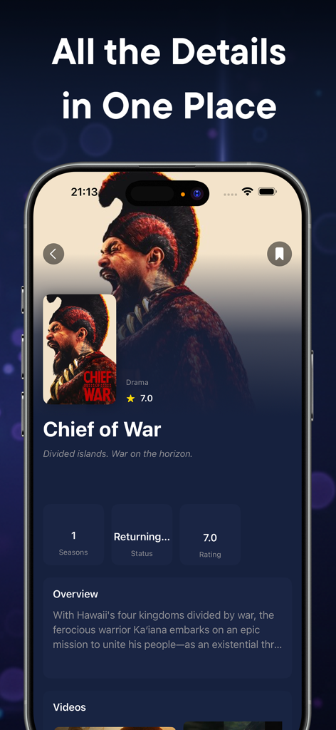 Gamebox: Movies,Tv & Actors - A mobile interface displaying comprehensive information for a TV show including rating, seasons, status, and plot overview