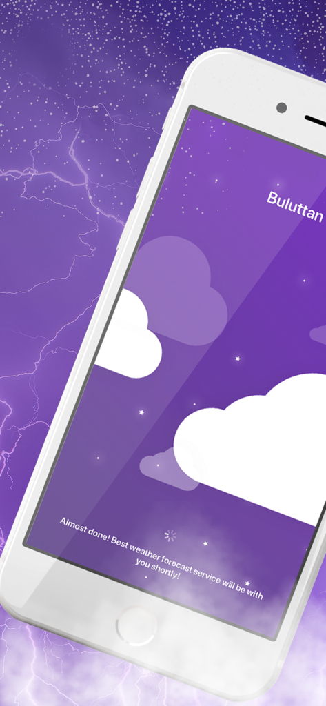 Buluttan weather app loading screen on an iPhone with purple theme and clouds