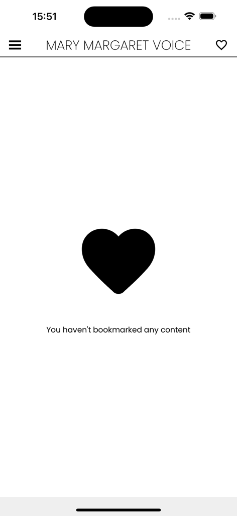 Mary Margaret Voice - The empty bookmarks screen of the Mary Margaret Voice app featuring a large heart icon and message stating no content has been bookmarked.