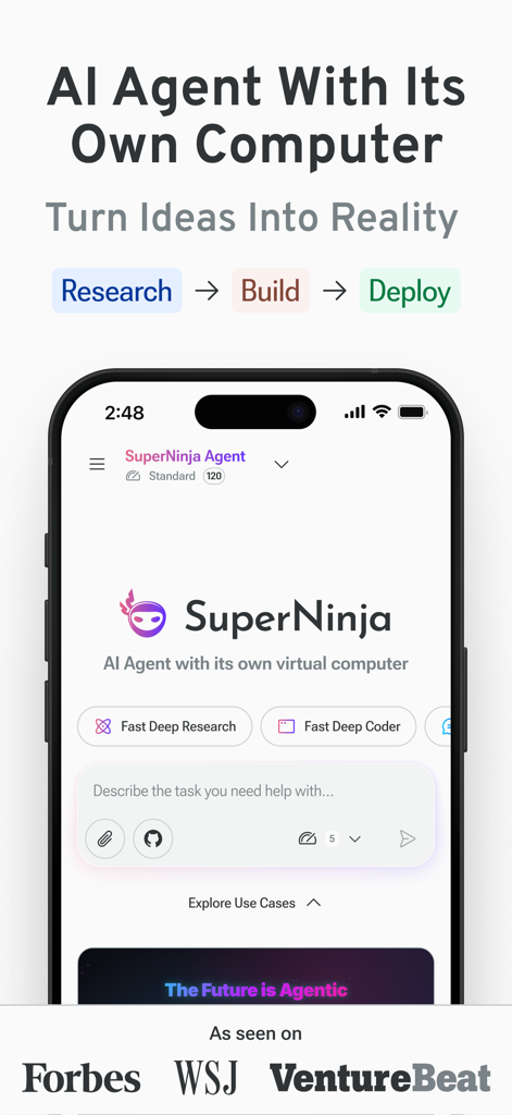 La interfaz del agente SuperNinja AI en la aplicación Ninja AI que muestra el flujo de trabajo desde la investigación hasta la creación y el despliegue.