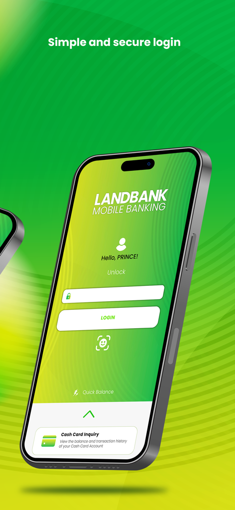 LANDBANK Mobile Banking - 生体認証ログインオプションと安全なパスワード入力機能を備えたスマートフォンのLANDBANKモバイルバンキングアプリログインインターフェース