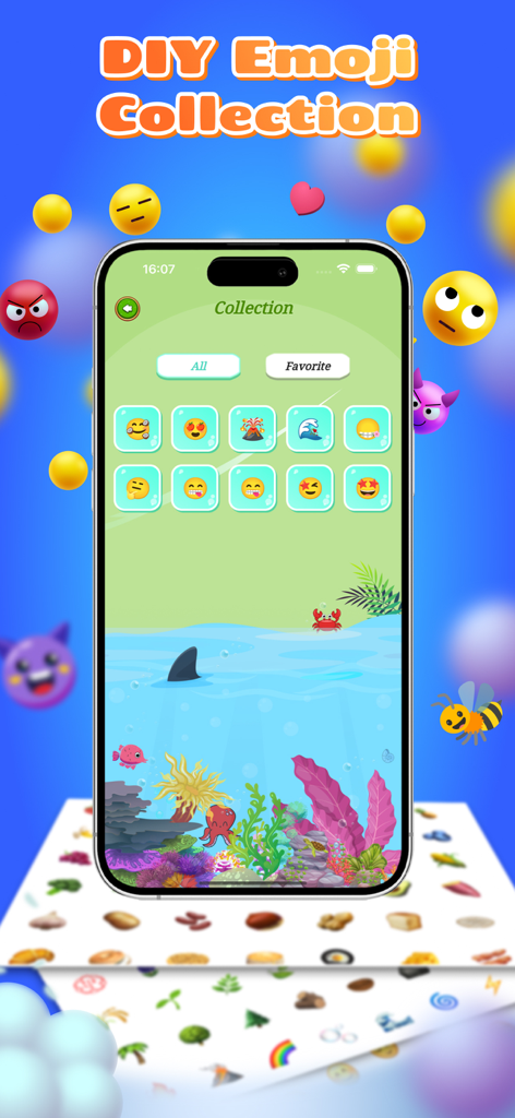 A mobile interface showing the DIY Emoji Collection screen with various custom merged icons and an underwater theme background.
