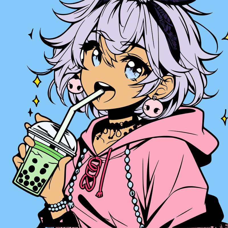 hot baddie anime girl drinking boba and biting the straw