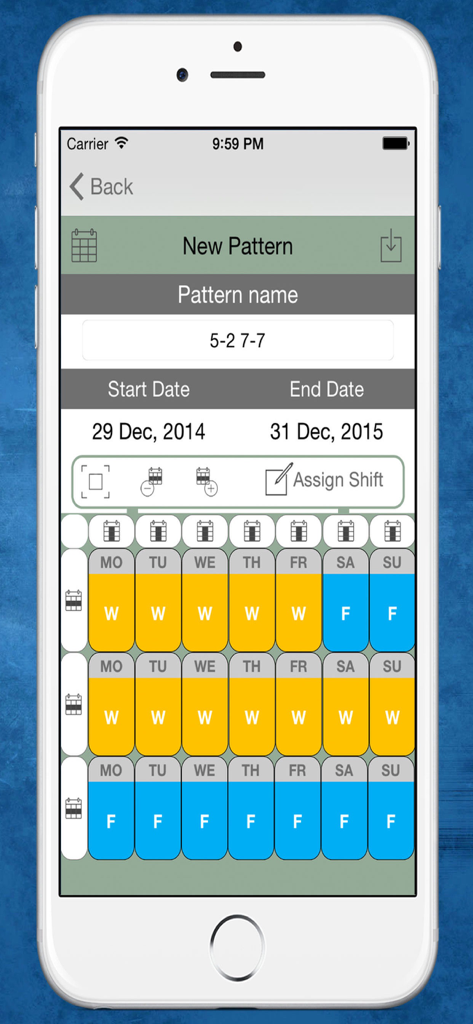 Interface for creating a new work shift pattern in the CuadraTurnos PMM PRO app showing a multi week schedule of work and free days