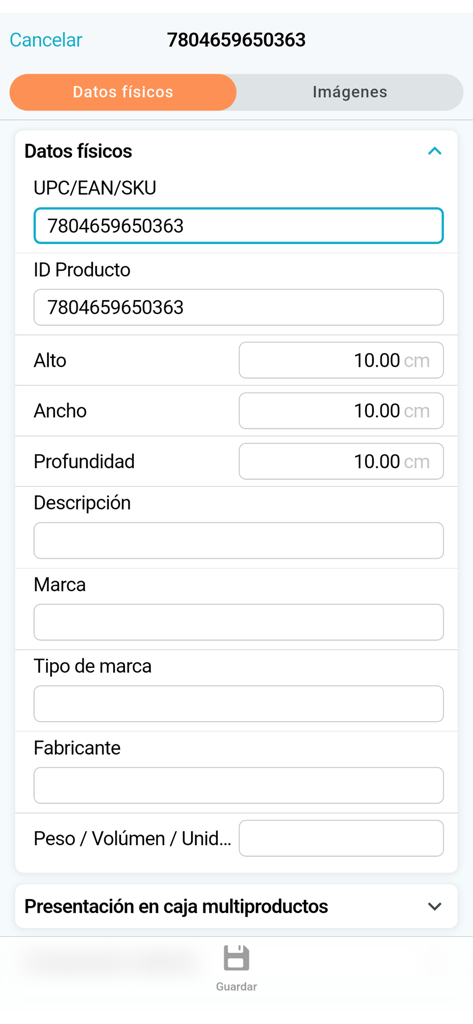 OPENCatman - Mobile app screen for entering product dimensions and SKU details in OPENCatman