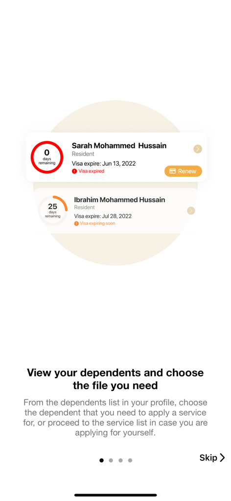 GDRFA DXB - Mobile app screen showing a list of dependents with their residency visa status and renewal options