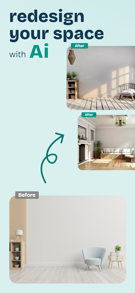 HomeGen AI: Interior Decor - Vorher-Nachher-Vergleich eines Wohnzimmers, neu gestaltet mit der Innendekorations-App HomeGen AI