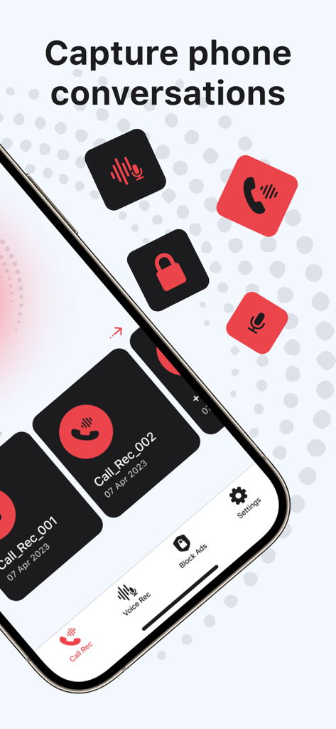 Phone Call Recorder, Recording - Smartphone screen displaying the Phone Call Recorder app interface with a list of recorded calls and features like ad blocking and voice recording