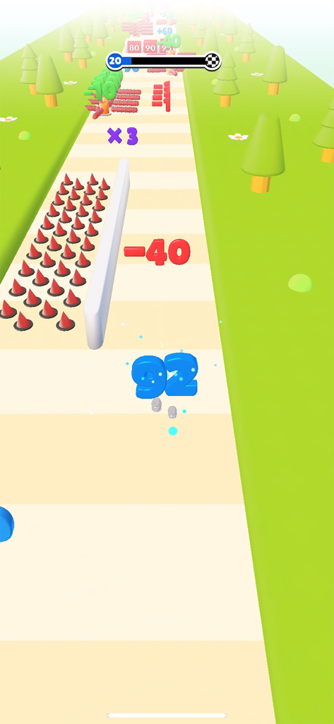 Number Run 3D - A 3D blue number 92 running on a track avoiding red spikes and a negative forty obstacle in a hyper-casual game environment