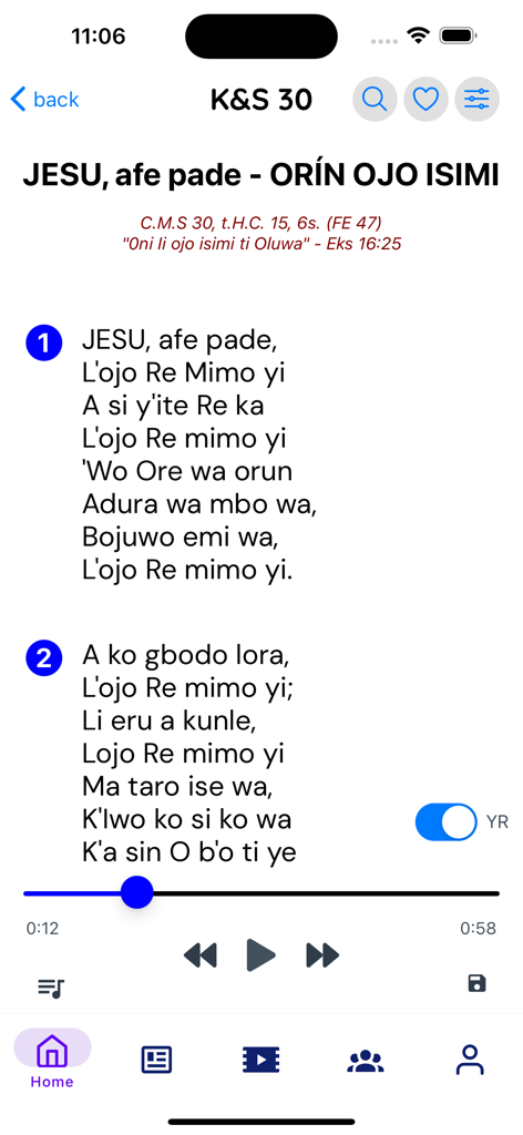 C&S Mobile - A screen from the C&S Mobile app showing the lyrics of a Yoruba hymn and audio playback controls.