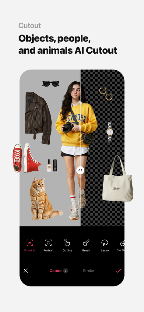 L'application EPIK montrant la fonction de découpe IA pour les objets et les personnes avec un arrière-plan transparent