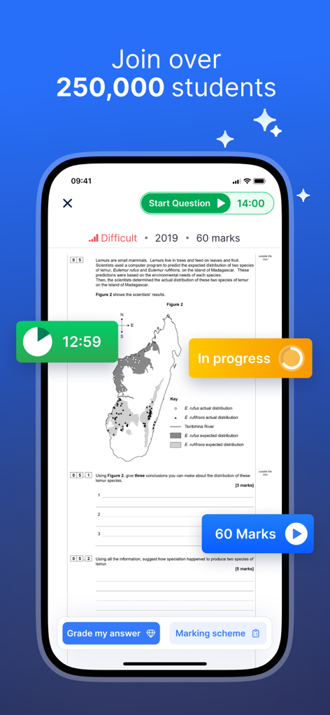 SimpleStudy: Exams & Revision - Smartphone screen showing the SimpleStudy app with a timed biology practice exam question and marking scheme