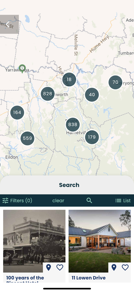 Victoria's High Country - Mappa interattiva e interfaccia di ricerca proprietà sull'app di viaggio Victoria's High Country
