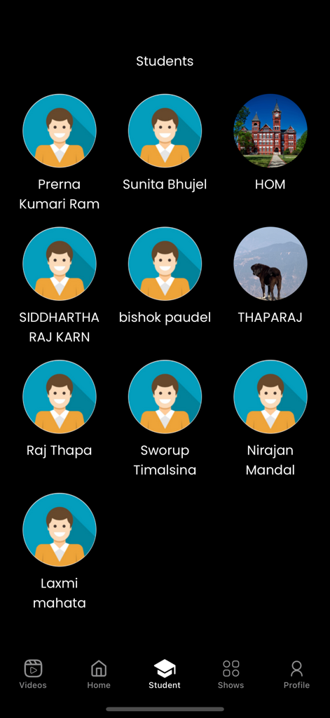Talent Star Nepal app screen showing a grid of student profiles with names and icons