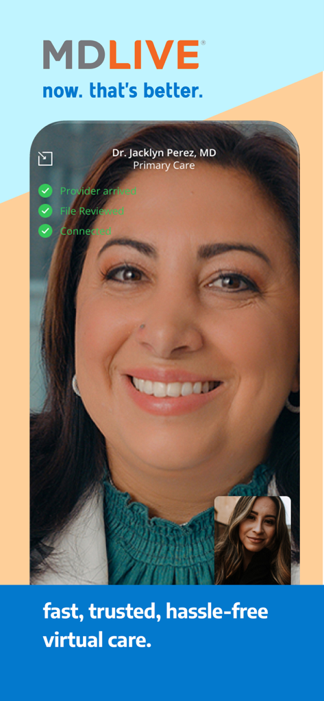 MDLIVE app screenshot showing a virtual doctor visit via video call with a primary care provider