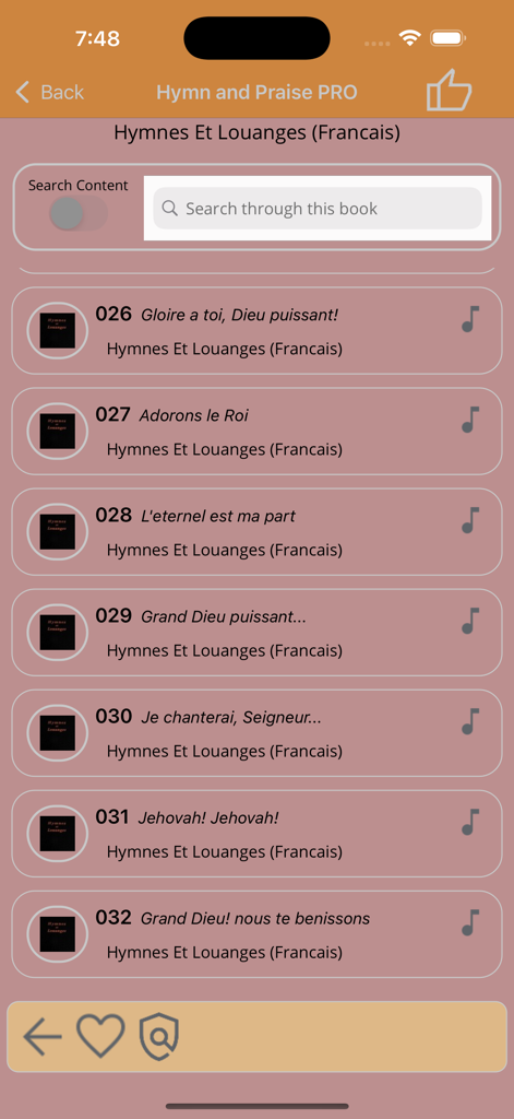 A list of French hymns from the Hymnes et Louanges book with search bar and audio icons