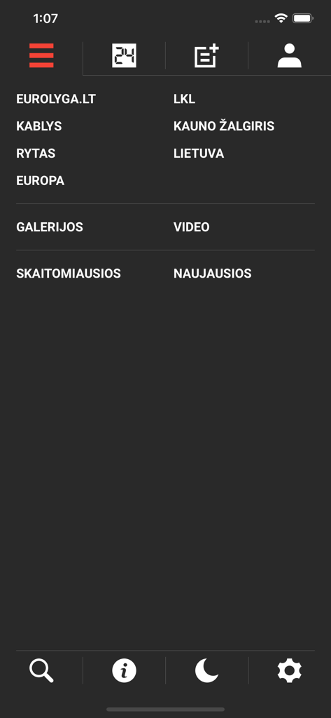 Navigation menu of the 24sek basketball app showing Lithuanian and European league categories.