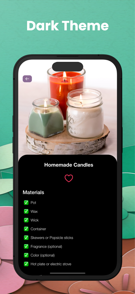 DIY: Learn Craft Offline - Una captura de pantalla de la aplicación DIY Learn Craft que muestra la interfaz de tema oscuro con una lista de verificación de materiales para un proyecto de vela casera.