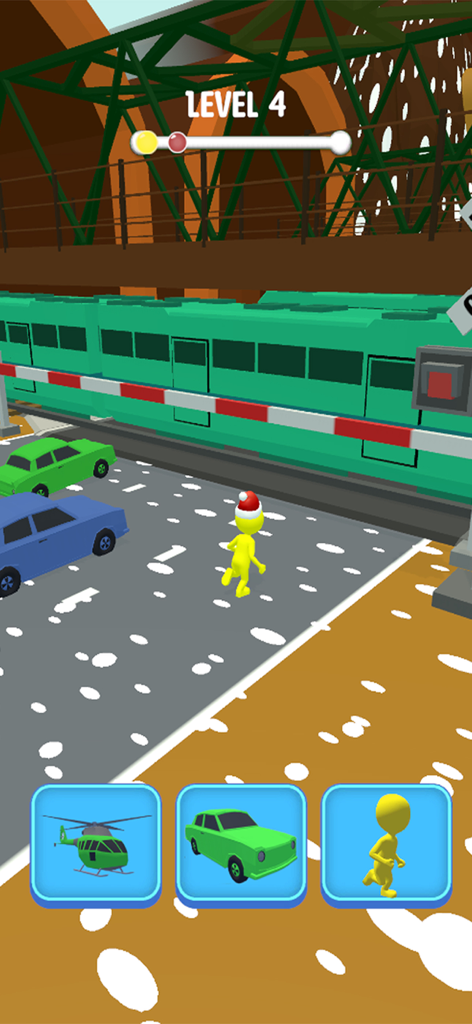 Car Shape Funny Transform Race - Um personagem amarelo correndo por um trem com opções de transformação de veículo na parte inferior da tela