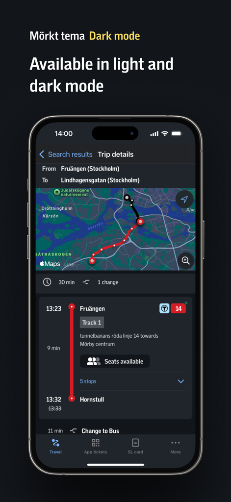 The SL Stockholm public transport app interface in dark mode showing trip details and a route map