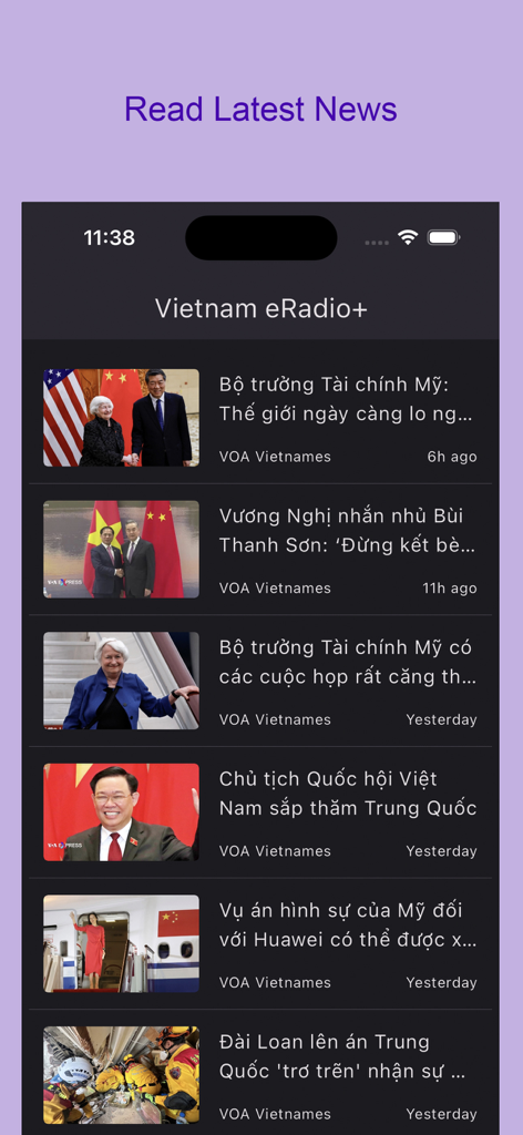 Screenshot of the Vietnam eRadio app showing a feed of latest news articles in Vietnamese