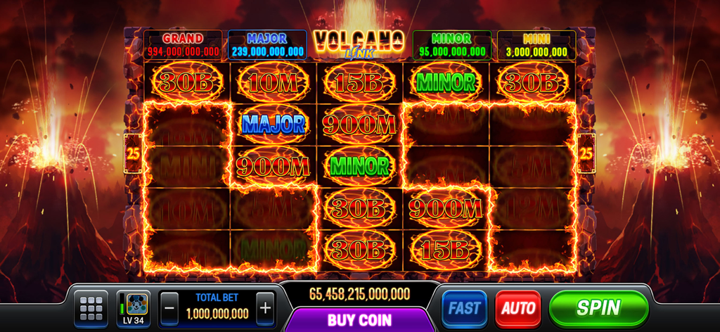 Gameplay screen of Vegas Holic showing the Volcano Link slot machine with large jackpot amounts and fiery graphics
