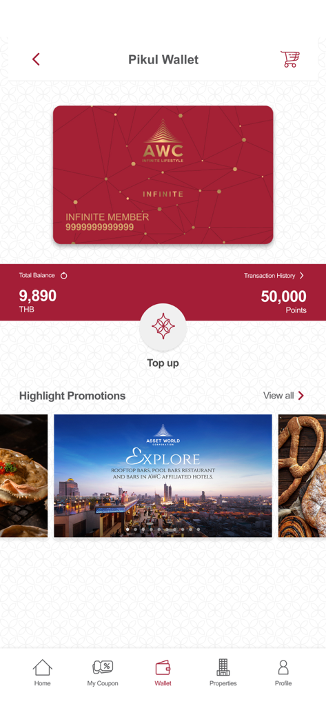 Pikul - The Pikul app wallet interface displaying an AWC Infinite Lifestyle membership card along with the user balance and reward points.