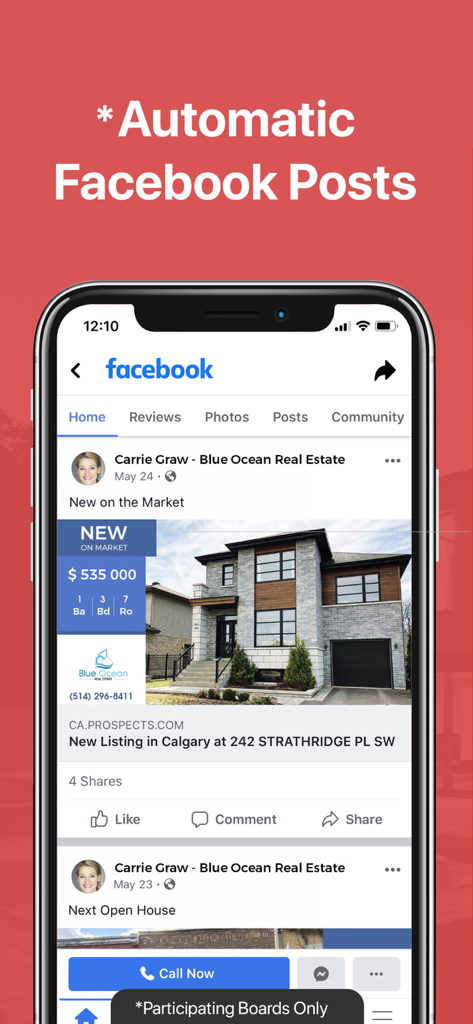 Smartphone screen showing a real estate listing automatically shared to Facebook via the Prospects Mobile app